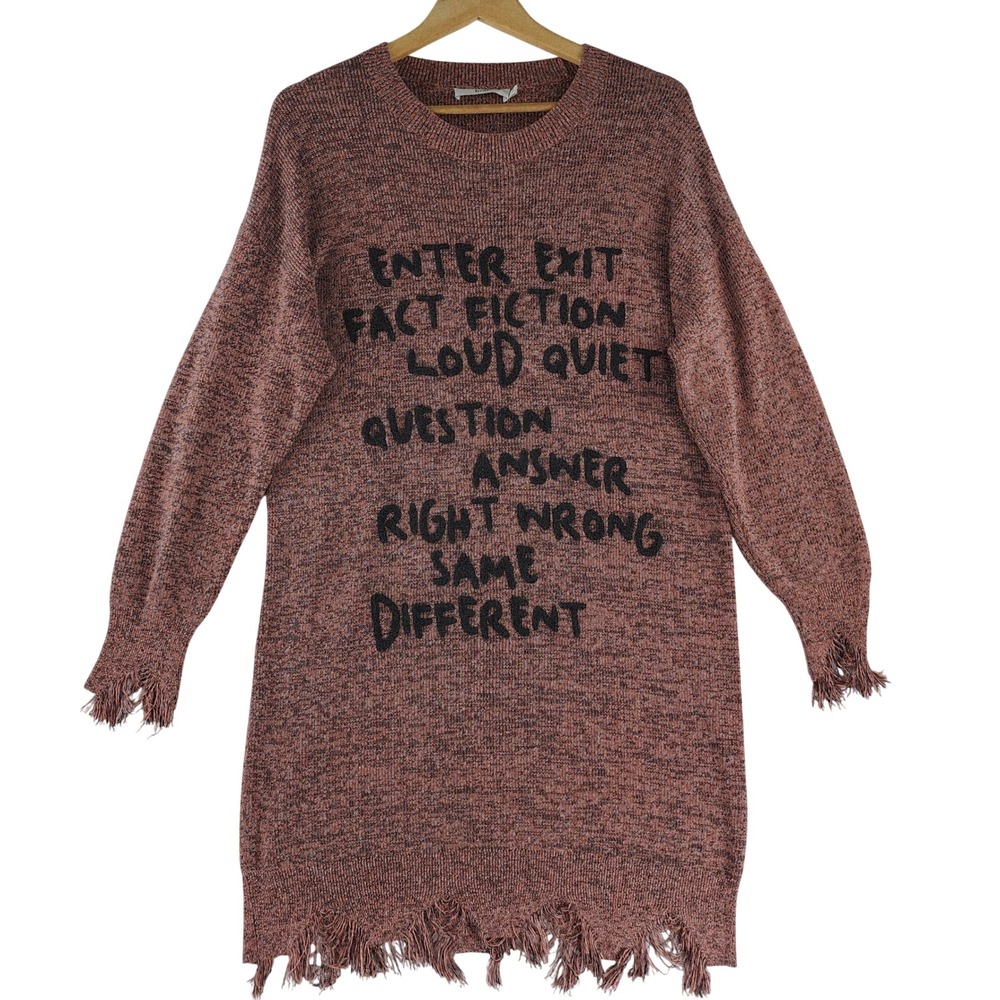 b+ab Women's S Graphic Sweater Dress Distressed Fringe Marled Knit Oversized